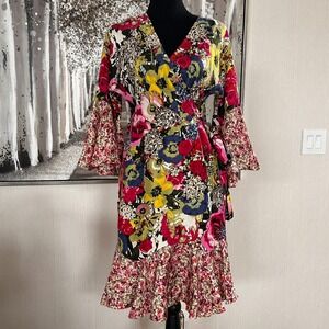 Pinkerton Anthropologie Womens Floral Print Bell Sleeve 100% Silk Wrap Dress - M